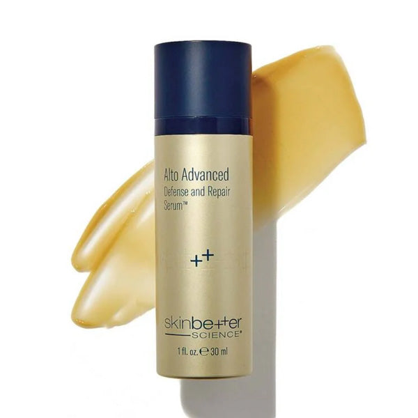 Skinbetter Science Alto Advanced Defense and Repair Serum bottle with a gold color swatch on a white background